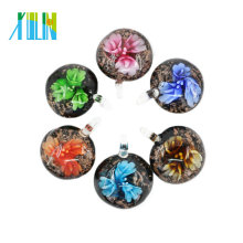 MC0044 Vente Chaude Fondu Plat Rond Sable Or Lampwork Inner Fleur Pendentifs En Verre stocks en vrac 12 pcs / boîte